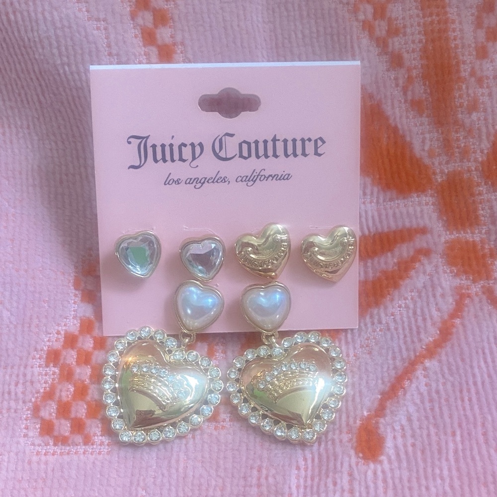 Juicy Couture Gold and Pearl Heart Earrings Trio NWT